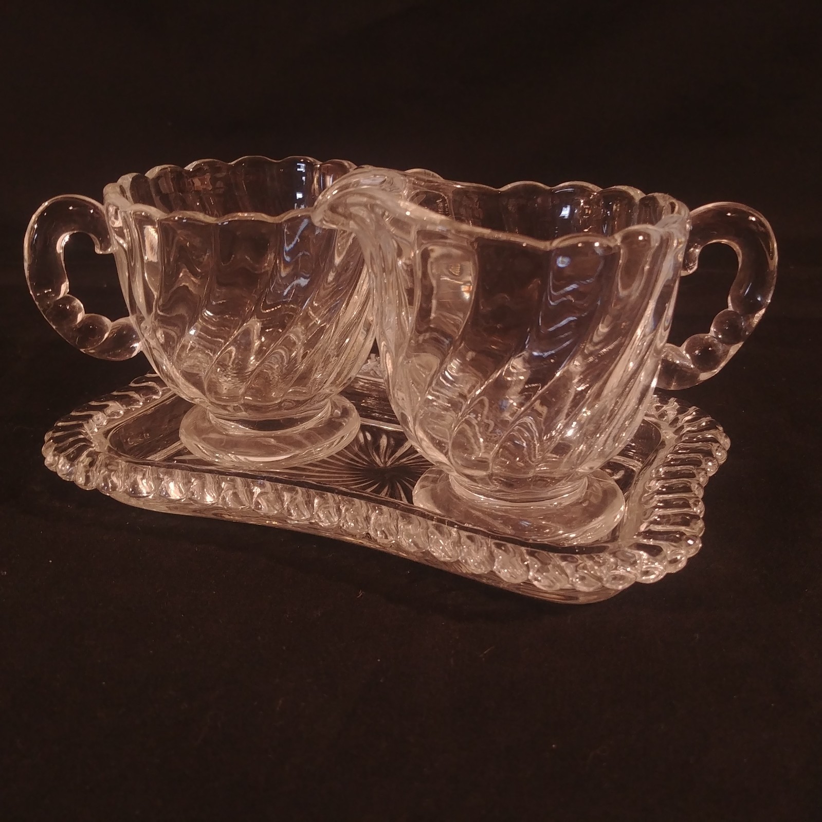 Creamer Sugar Dish On Tray Set Clear Glass With Swirl Vintage