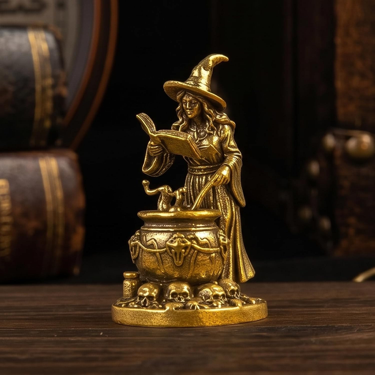 100% Solid Brass Witch Figurine, Vintage Magic Cauldron Statue, Mini Collectible