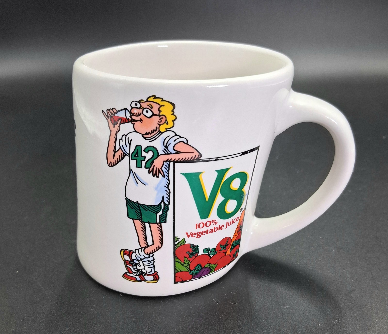Vintage V8 Vegetable Juice Slanted Coffee Mug Cartoon Runner Advertising Cup Vintage V8 Vegetable Juice Slanted Coffee Mug Cartoon Runner Advertising Cup