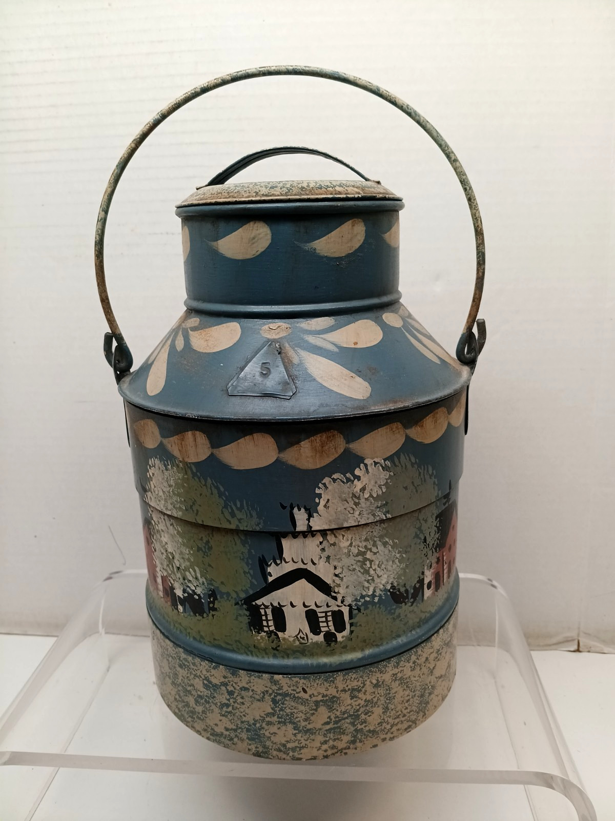 VINTAGE HAND PAINTED COUNTRY FOLK ART GALVANIZED MILK CAN