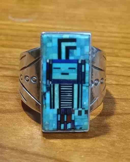RARE Carl and Irene Clark NAVAJO Micro-Fine Stone Inlay YEI RING size 13.5