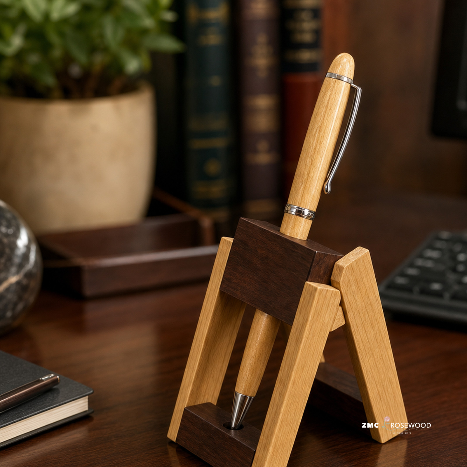 Luxury Wooden Ballpoint Pen With Chrome Tone Accent And Wooden Convertible Stand
