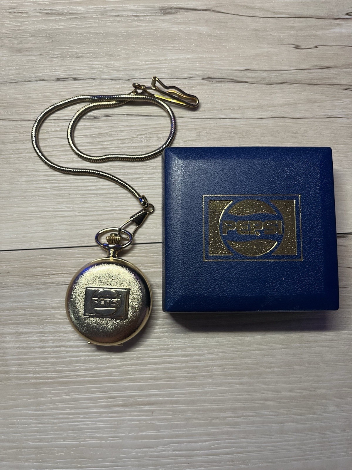 Vintage Pepsi Cola Pocket Watch Gold Tone w/ Chain Box & Warranty Certificate