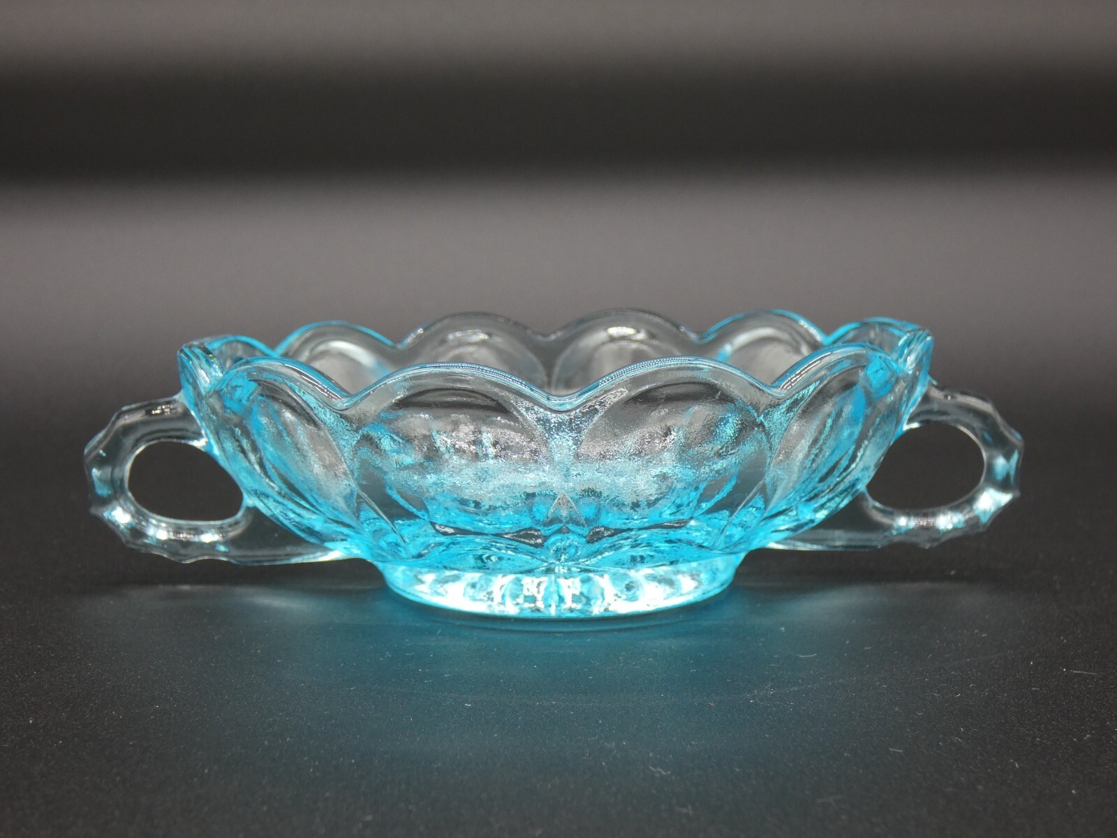 Vintage Anchor Hocking Fairfield Light Blue Double Handle Glass Candy Dish, Bowl