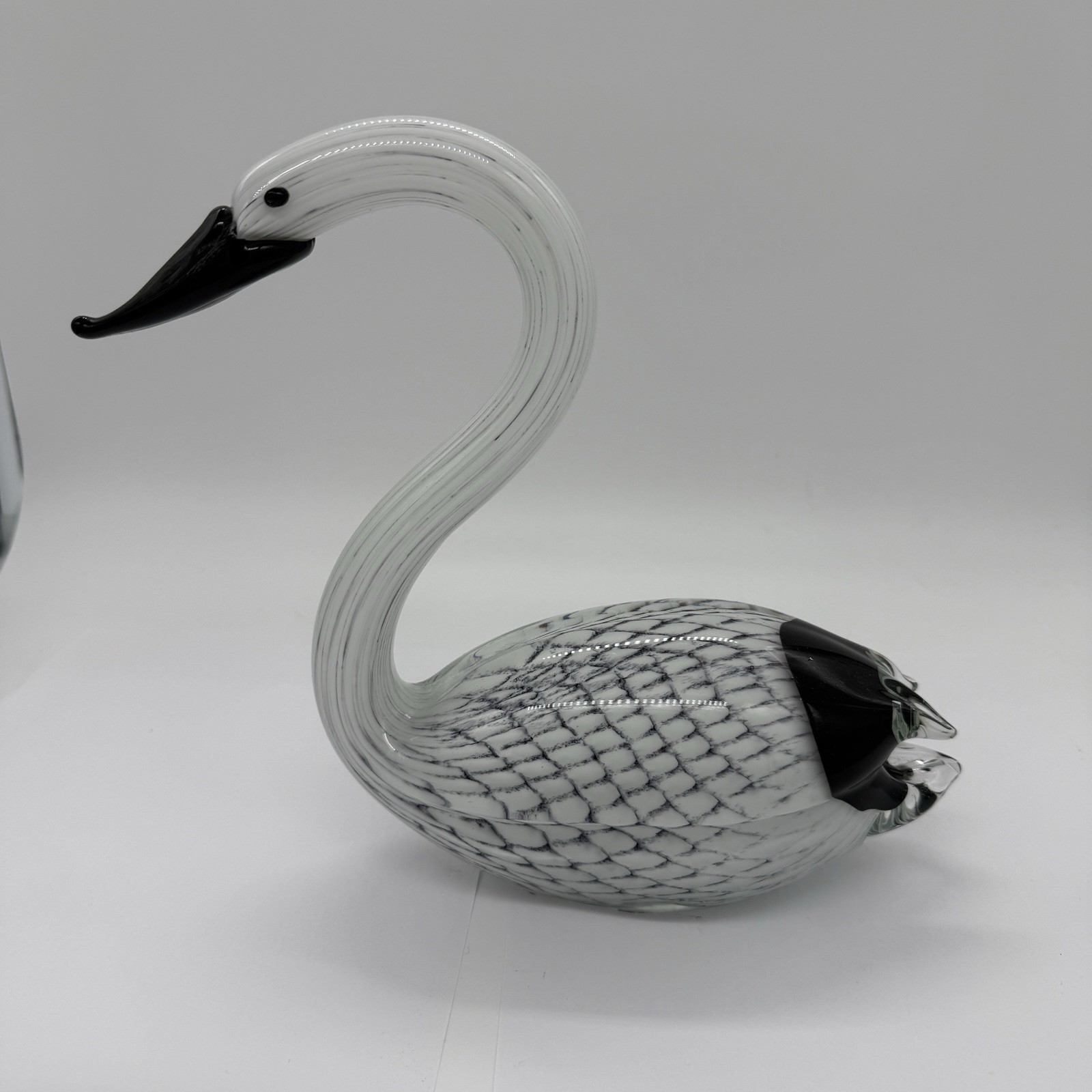 Murano Style Art Glass Swan Bird Sculpture Black White Blown Glass Decor 9”