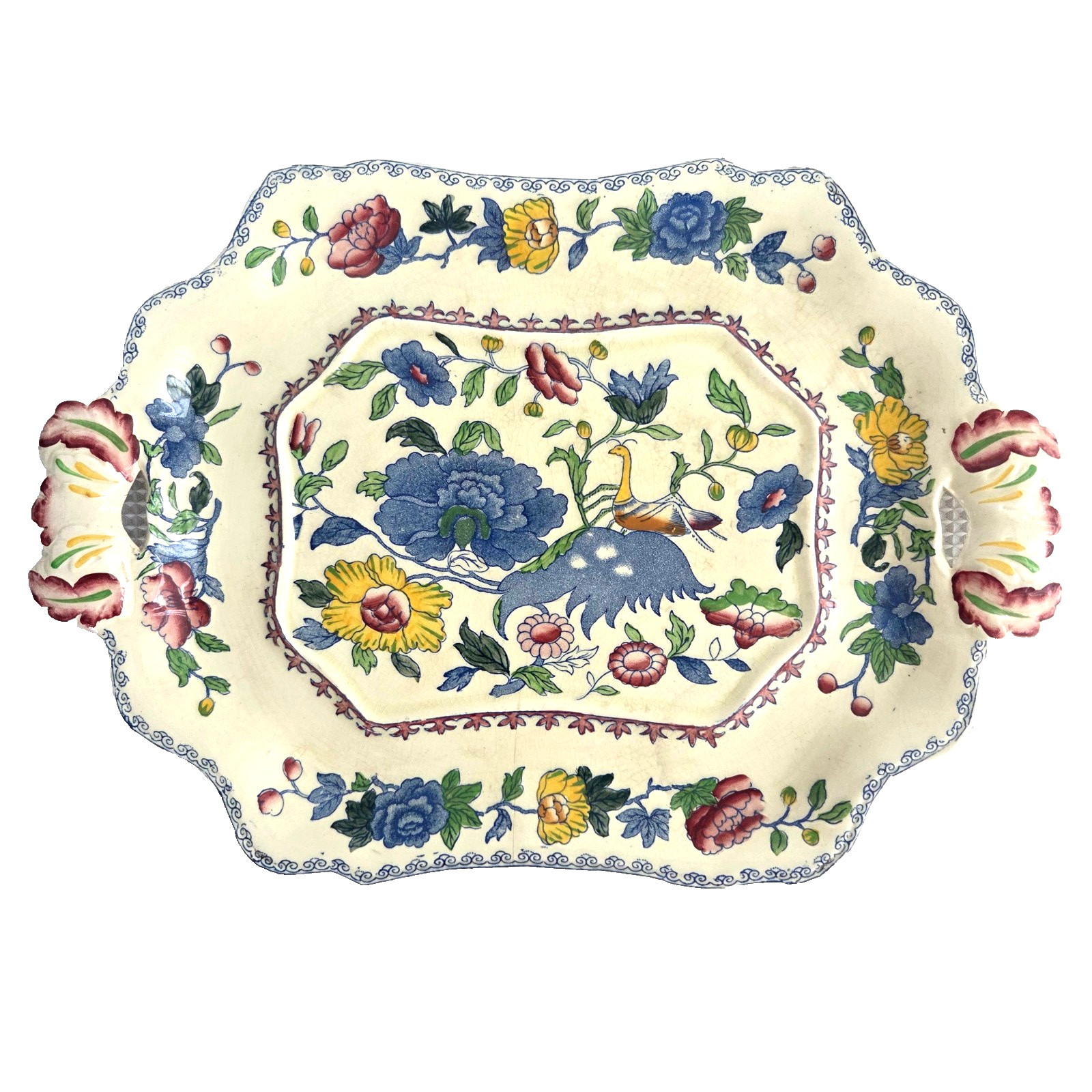 Vintage Mason\'s Ironstone Handled Serving Plate Tray England Floral Bird 14 x 10