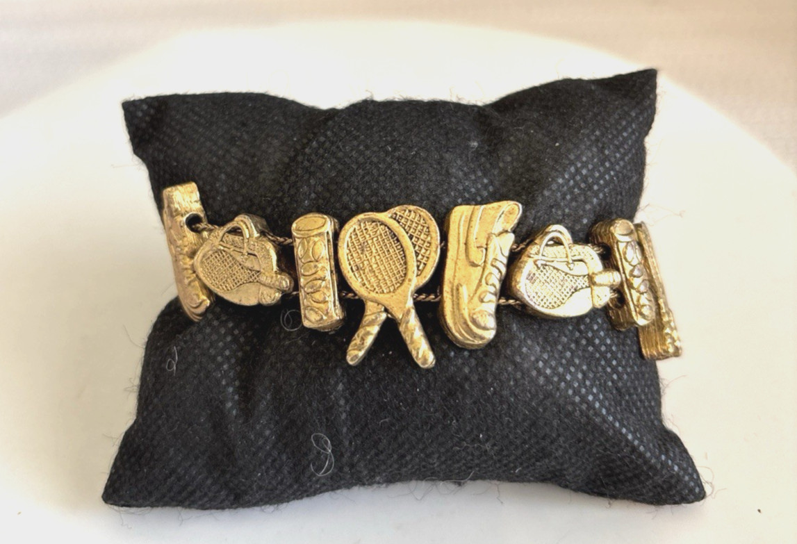 Vintage Ladies Tennis Theme Goldtone Slide Charm Bracelet