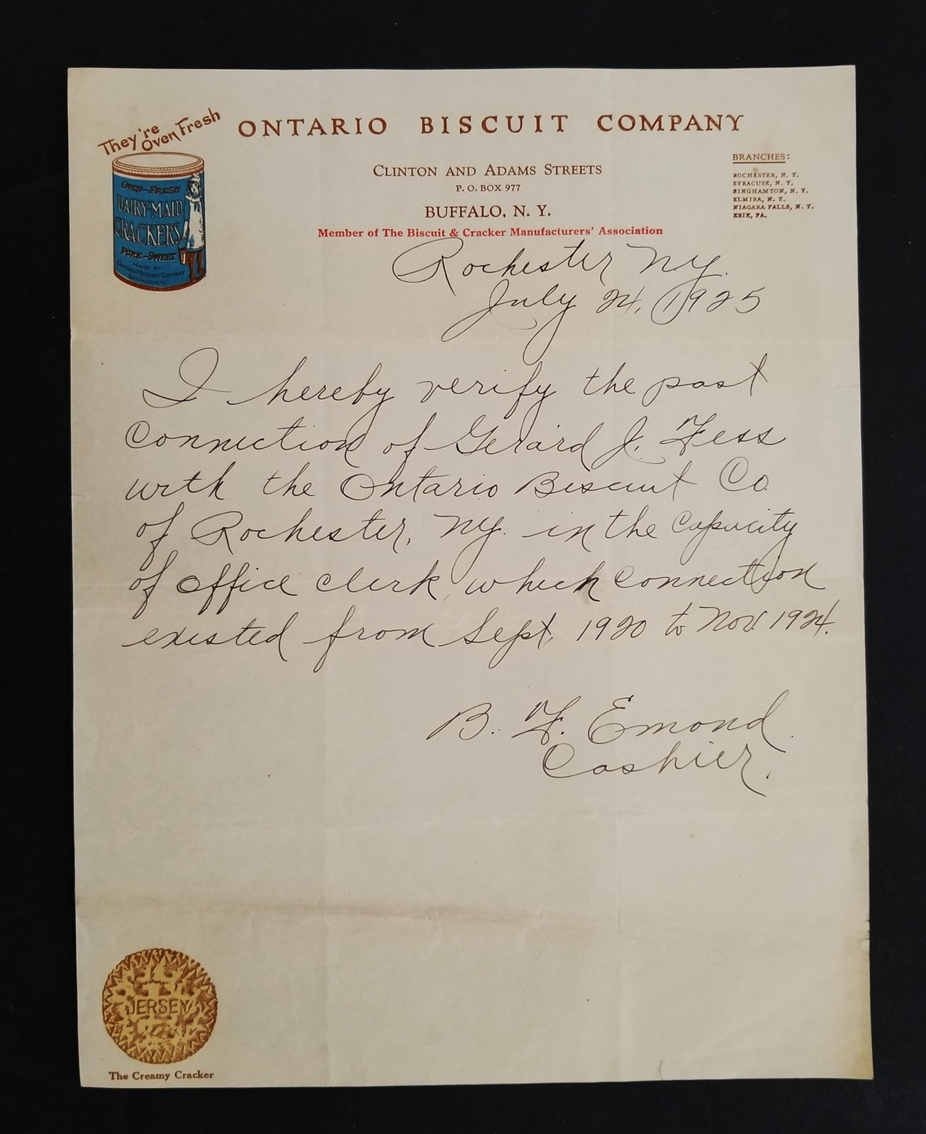 1925 antique ONTARIO BISCUIT Co LETTERHEAD rochester ny FESS BASKET MAKER