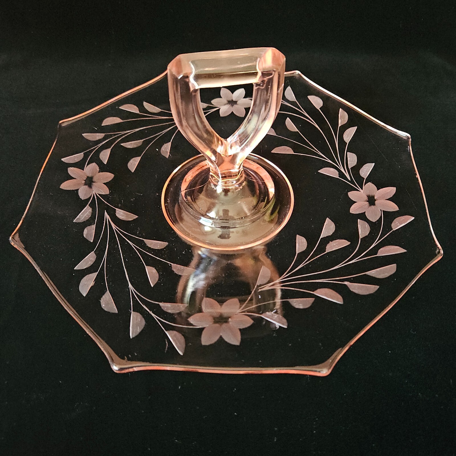 Depression Glass Pink Octagonal Serving Plate Tray Center Handle Vintage 9.5