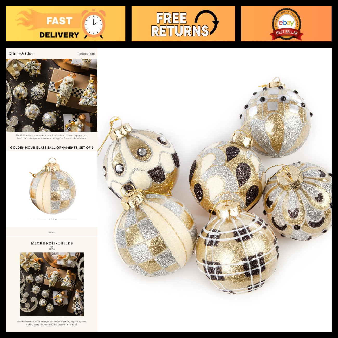 Set of 6 Glass Ball Ornaments - Christmas Tree Decorations for Holiday Decor