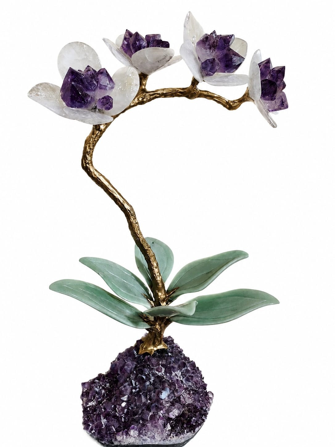 Handcrafted Amethyst Gemstone Orchid Flower Sculpture on Quartz & Crystal Base -