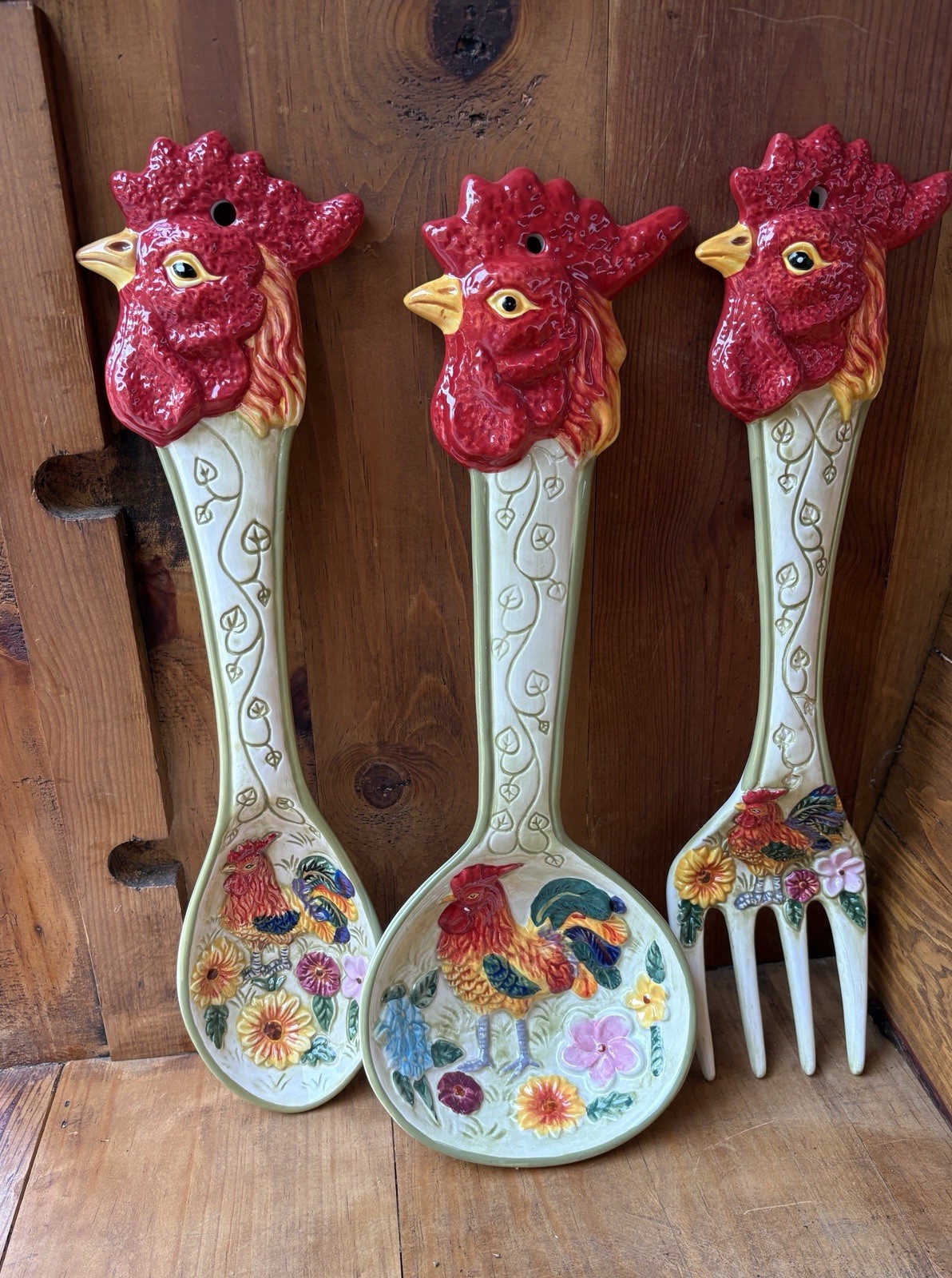 Vintage Gallo Hand-Painted Ceramic Rooster 3 Piece Wall Art Spoon Fork And Ladle