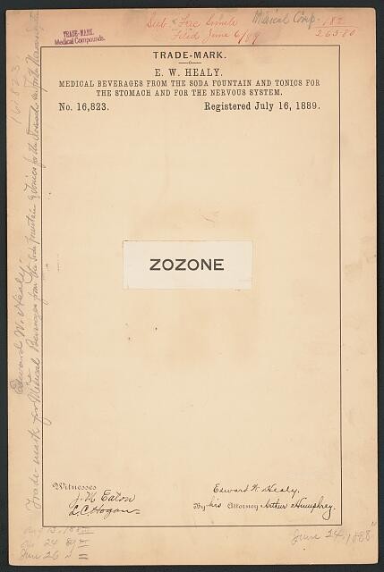 Chicago IL 1889 E W Healy Zozone Medical Beverages Soda Fountain Trademark