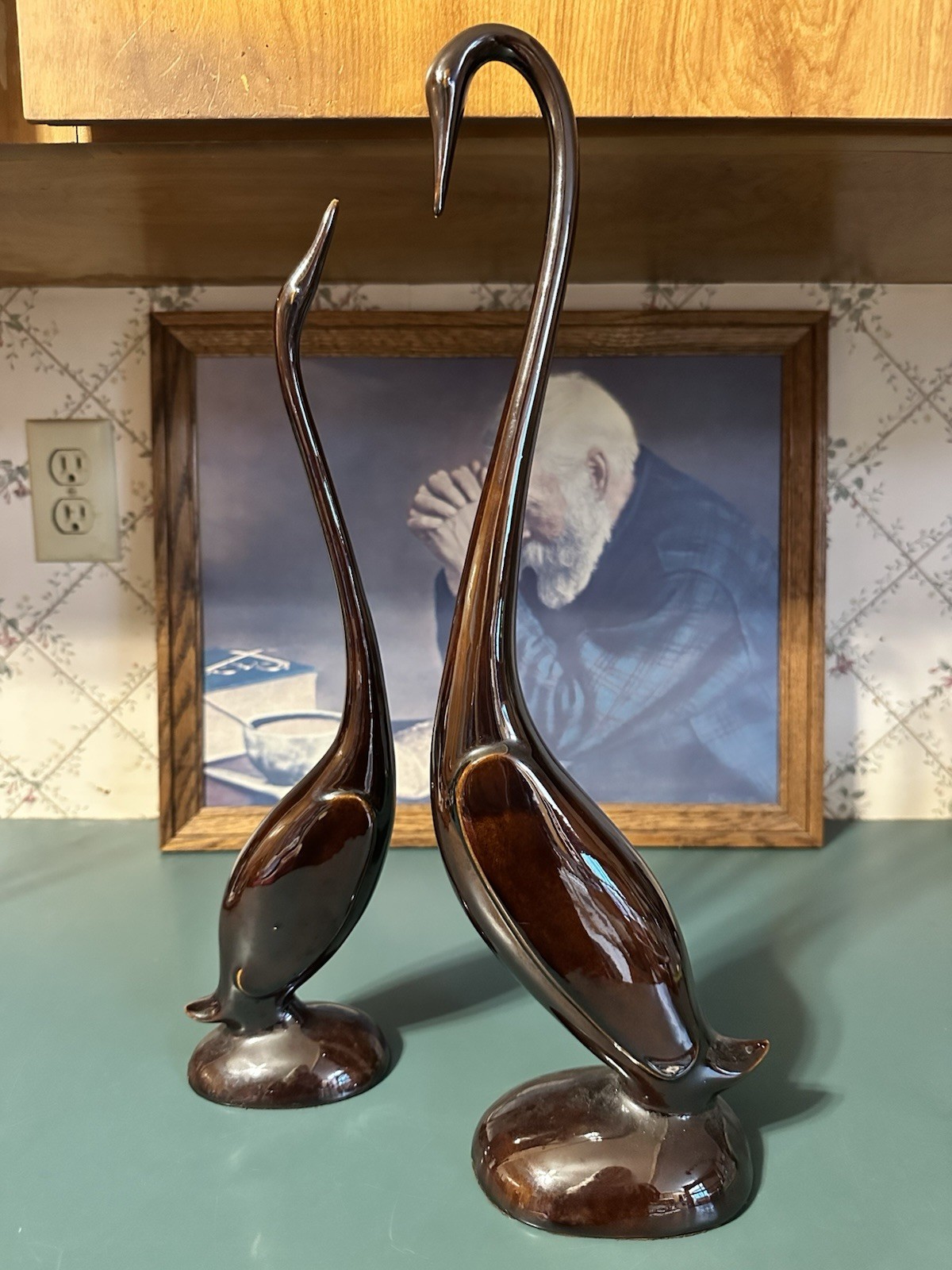 2 MCM Brown Ceramic Figures Crane/Egret Arnels Style