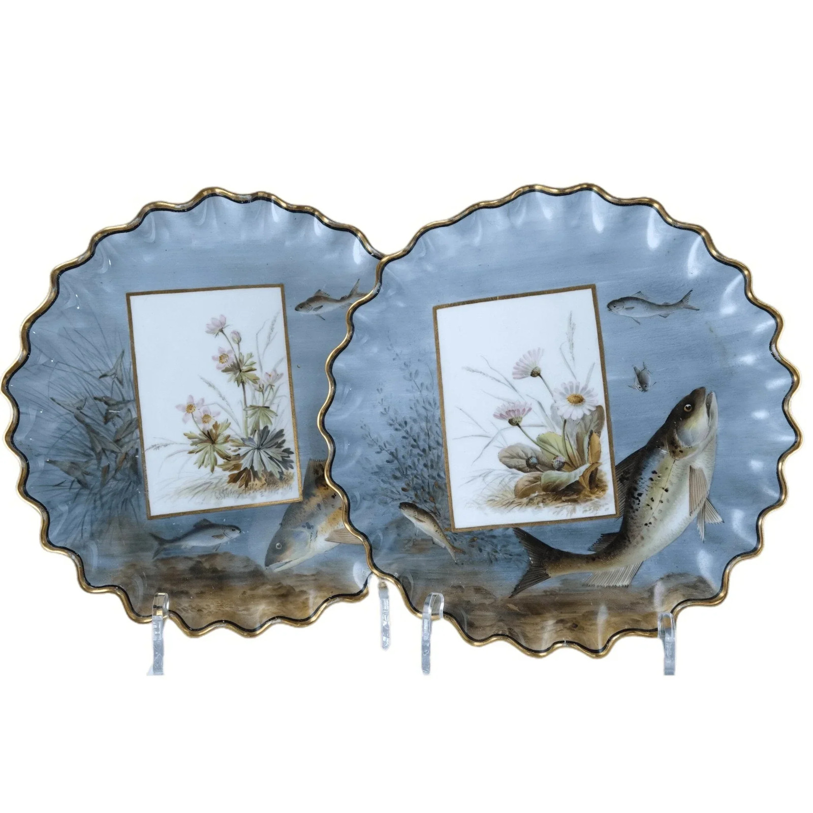 c1890 Aesthetic Movement Theodore B Starr New York Pair of Hand Painted Fish Pla