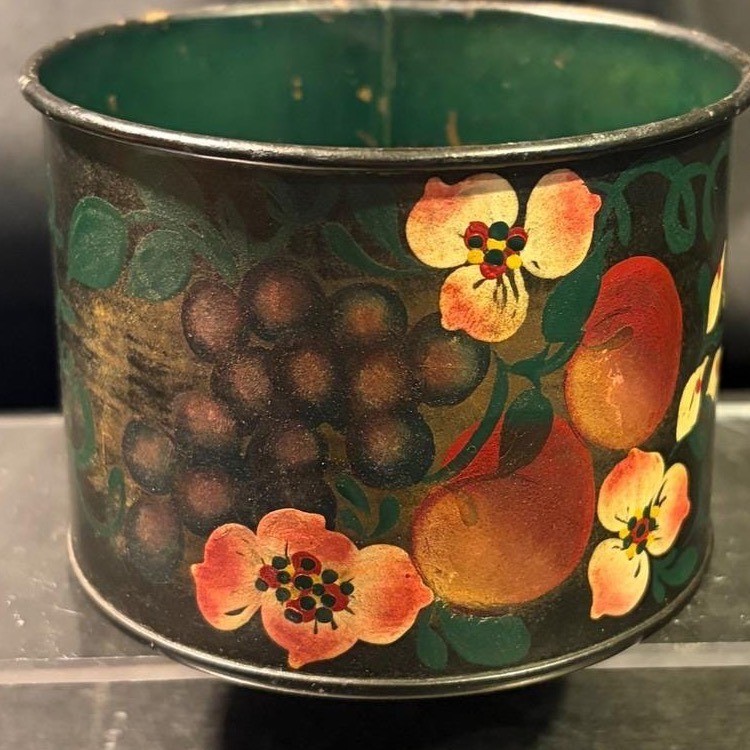 Vintage Hand Painted Toleware Tin Cup Folk Art Grapes Floral Green Metal Mug