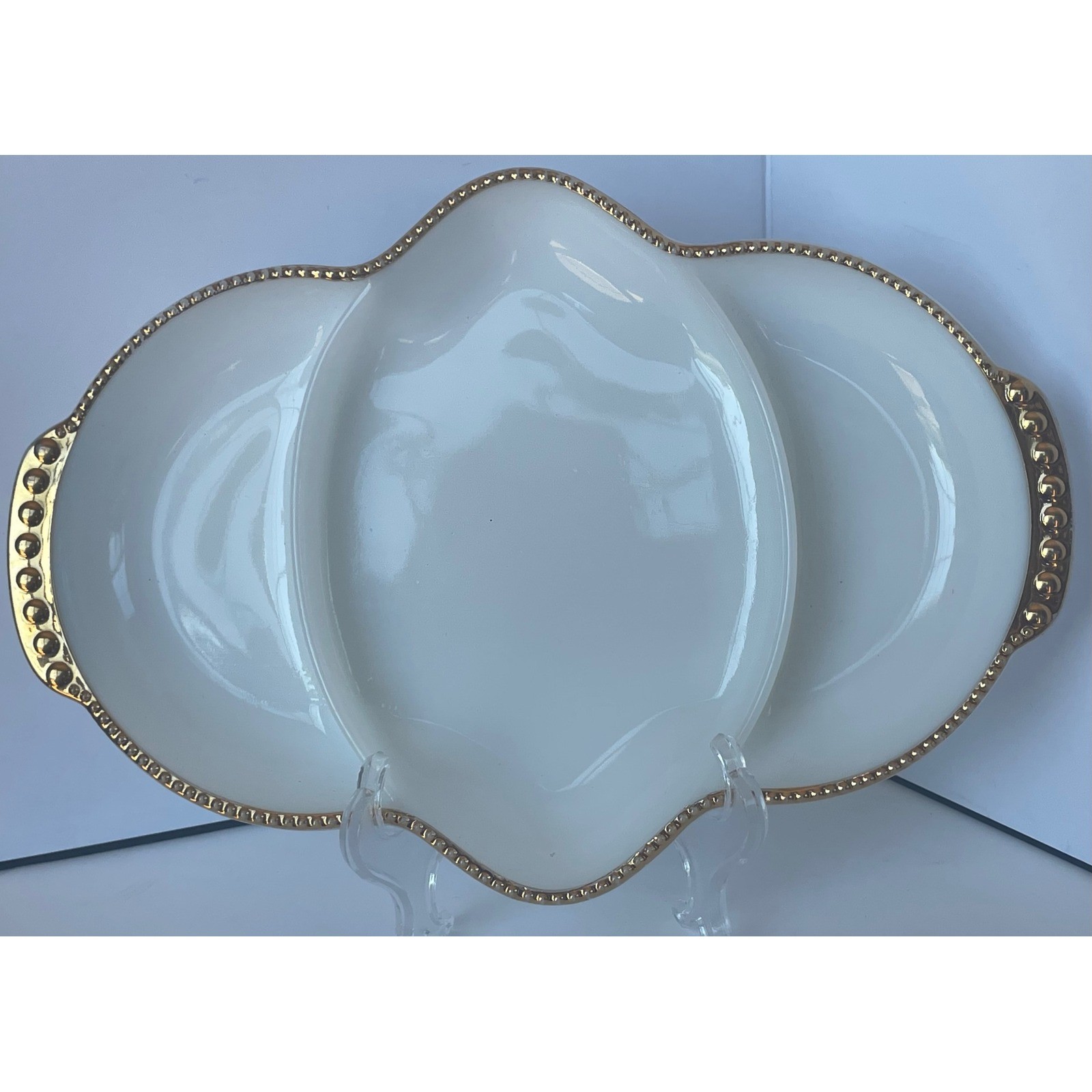 Vintage Fire King Milk Glass Divided Relish Dish Gold Beaded Rim Tray Platter