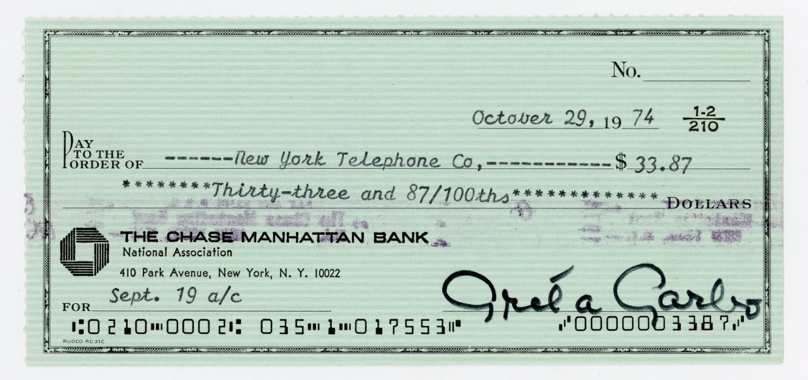 Greta Garbo ~ Signed Autographed Authentic Personal Check (1974) ~ JSA LOA Greta Garbo ~ Signed Autographed Authentic Personal Check (1974) ~ JSA LOA