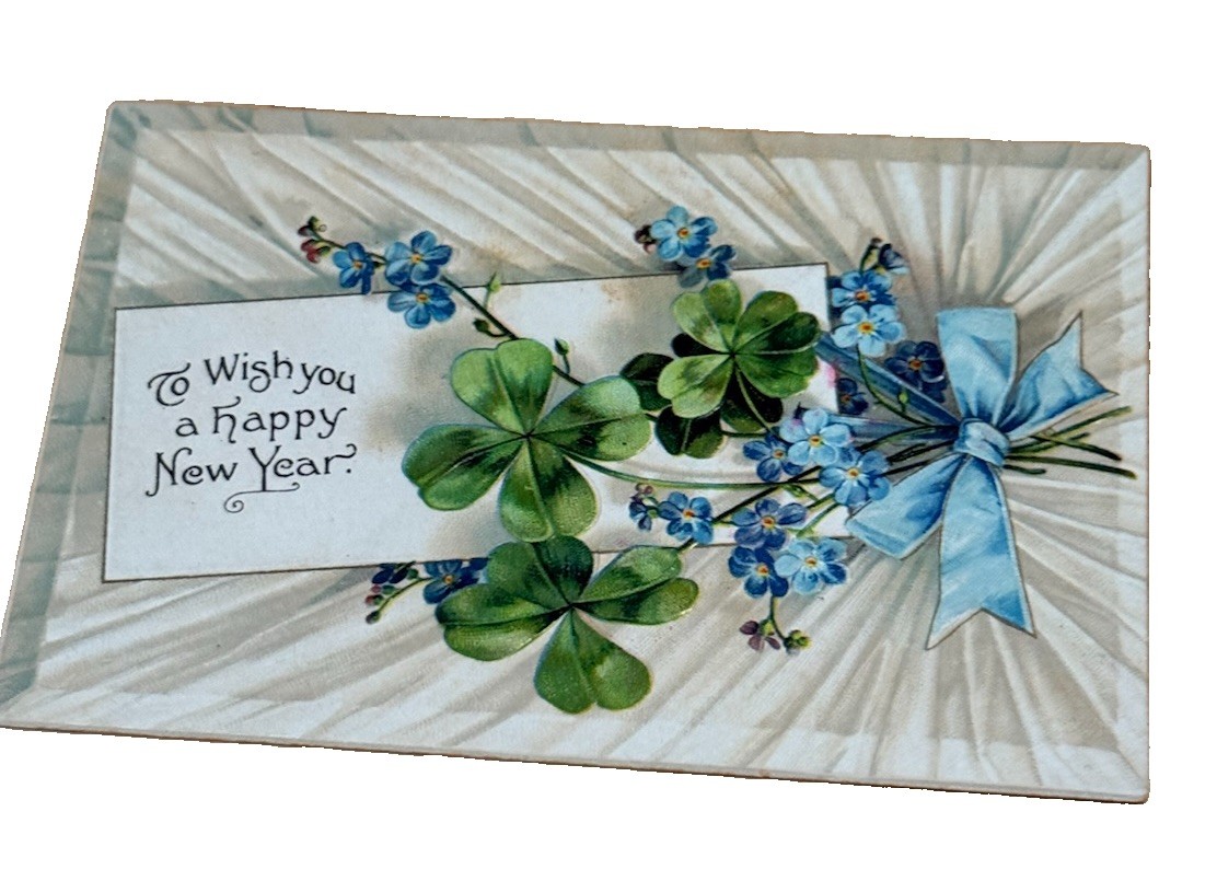 Antique 1908 Happy New Year Postcard Four Leaf Clover Germany Embossed Antique 1908 Happy New Year Postcard Four Leaf Clover Germany Embossed