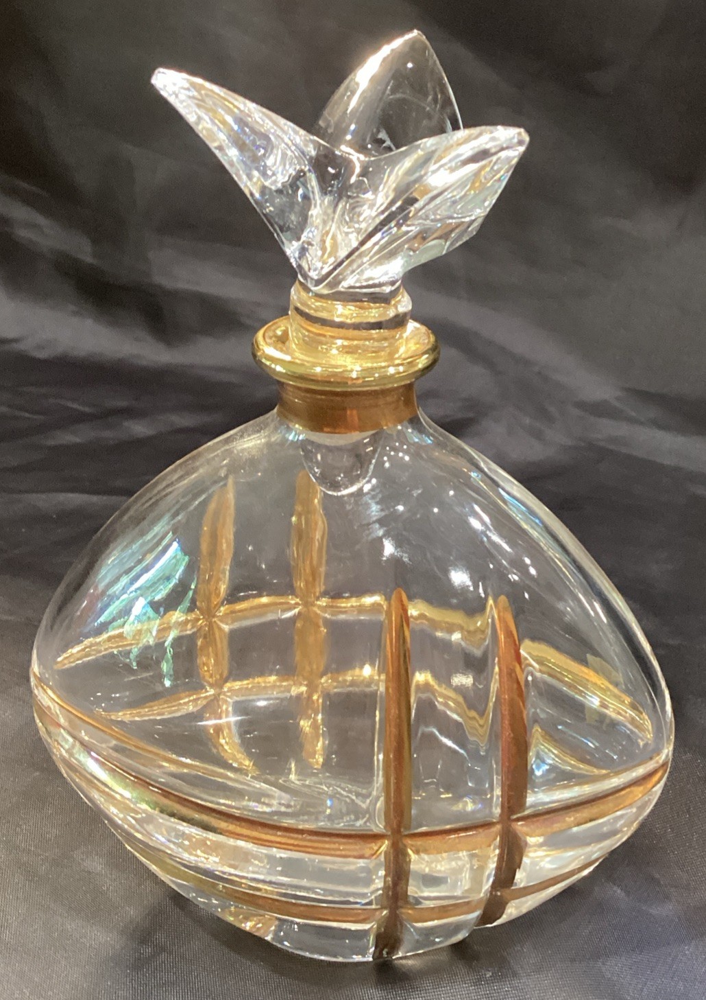 ROYAL GALLERY ITALY CRYSTAL PERFUME BOTTLE W APPLICATOR HEAVY GOLD ACCENTS 5”T