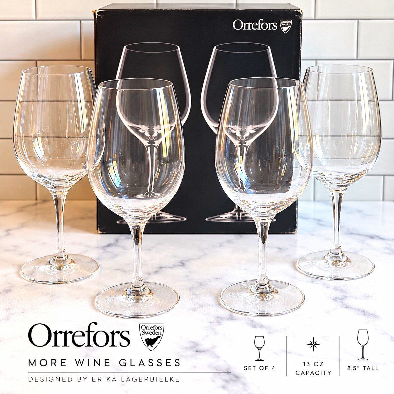 Orrefors More Clear Stemmed Wine Glasses Set of 4 13 oz 8.5 in Tall
