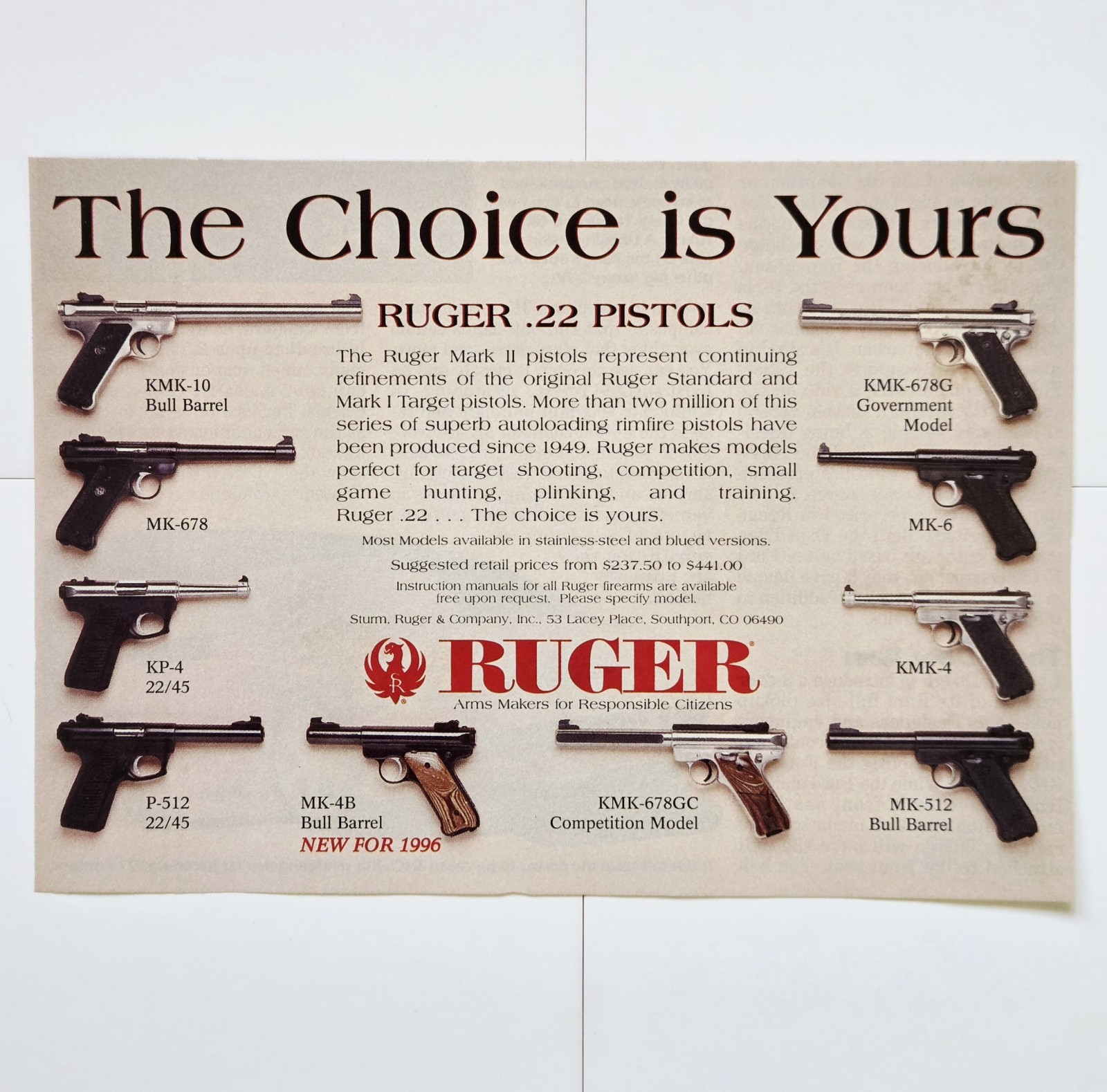 Vintage 1996 Ruger Mark II 22/45 Pistol Print Ad Art MK-4B Bull Barrel Rimfire