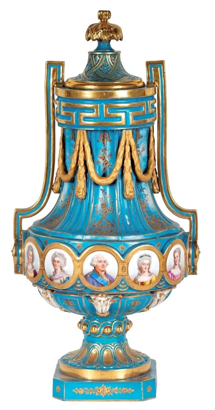 19th C French Sevres Style Celestial Blue Porcelain Lidded Urn Vase W Portraits
