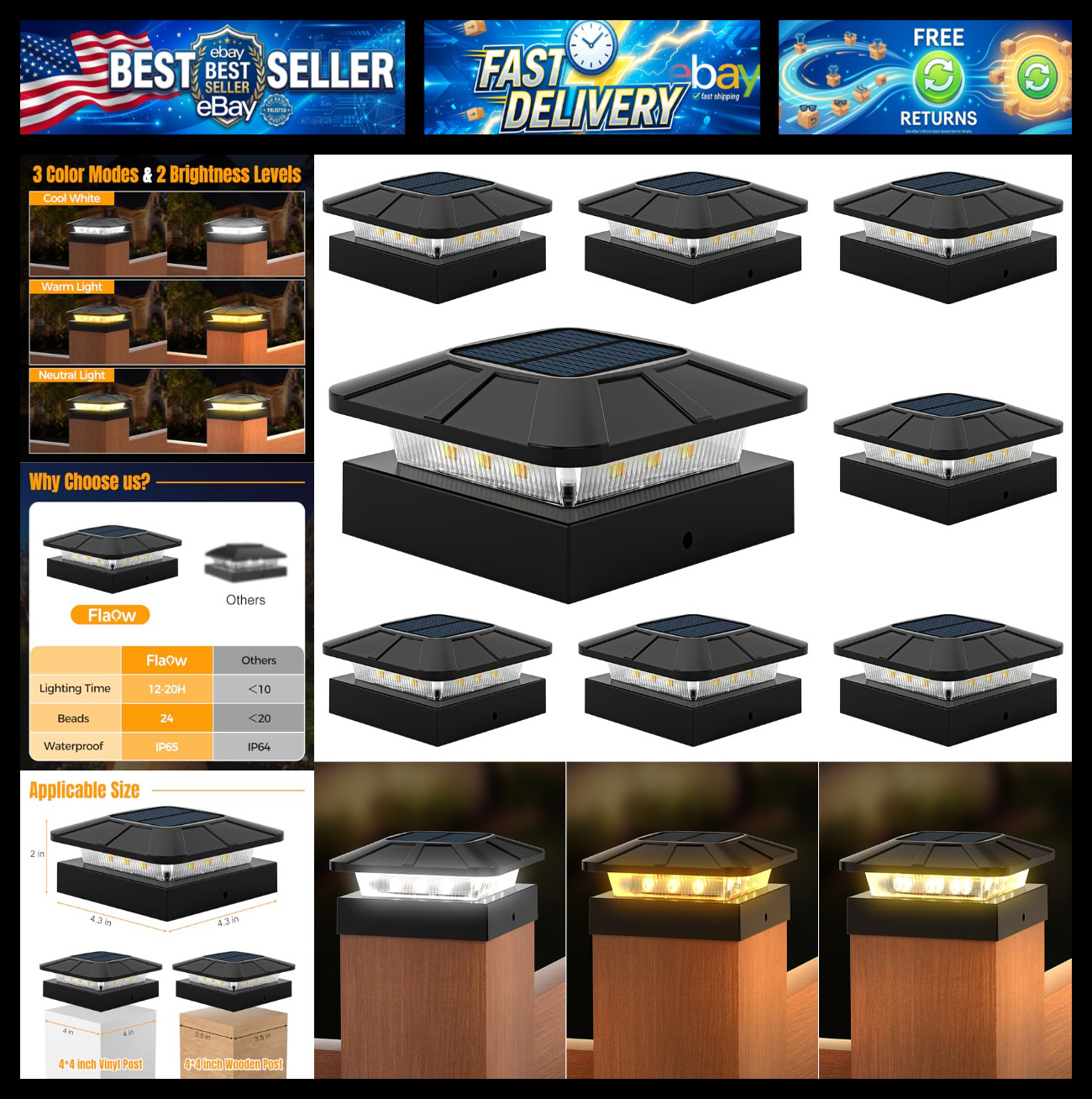 4x4 Solar Fence Post Cap Lights Outdoor Waterproof, 8 Pack, Black