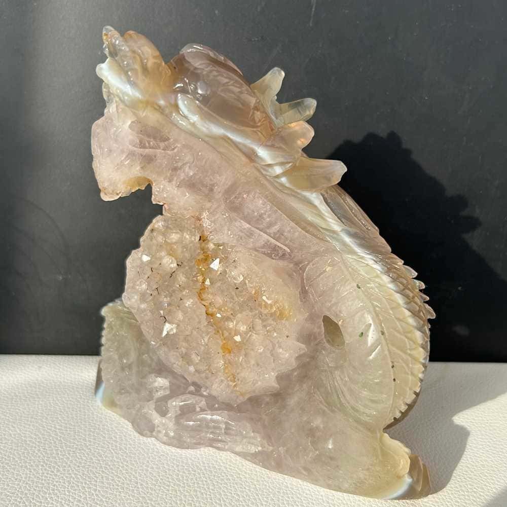 2.17LB Top Natural agate geode Quartz Skull Carved Crystal dragon reiki decor
