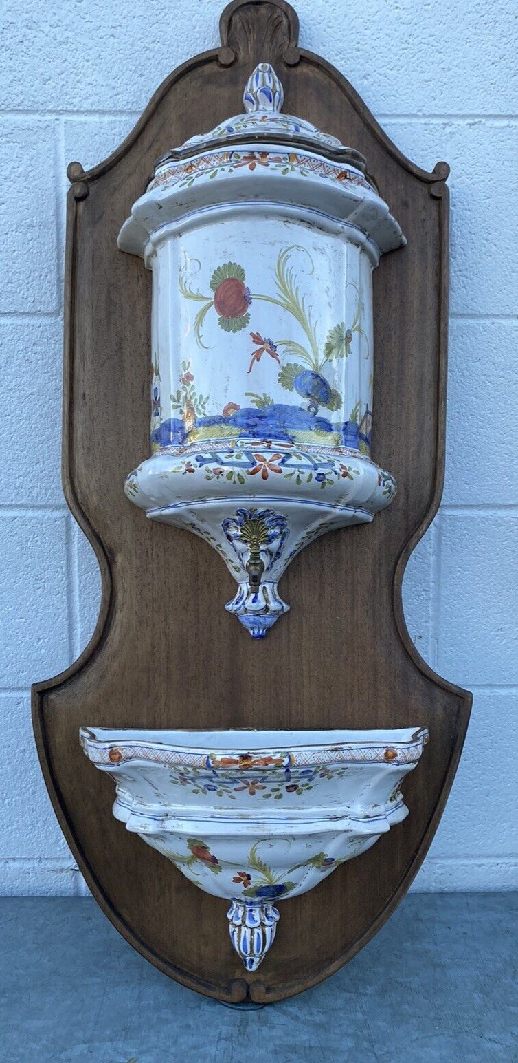 Vtg Hollywood Regency Italian Majolica Lavabo Pottery Wall Mount 38x16.5 ex cond