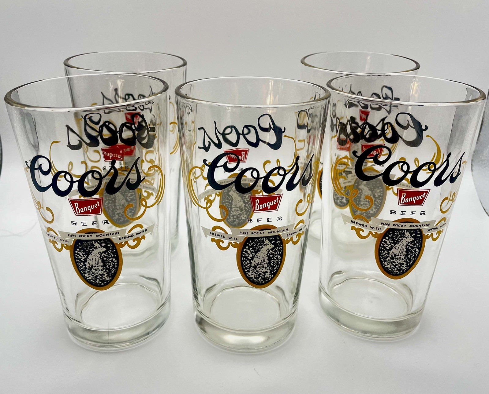 5 Pc. Vintage Coors Banquet Beer Glass Rocky Mountain Spring Water Pint 5” 16oz 5 Pc. Vintage Coors Banquet Beer Glass Rocky Mountain Spring Water Pint 5” 16oz