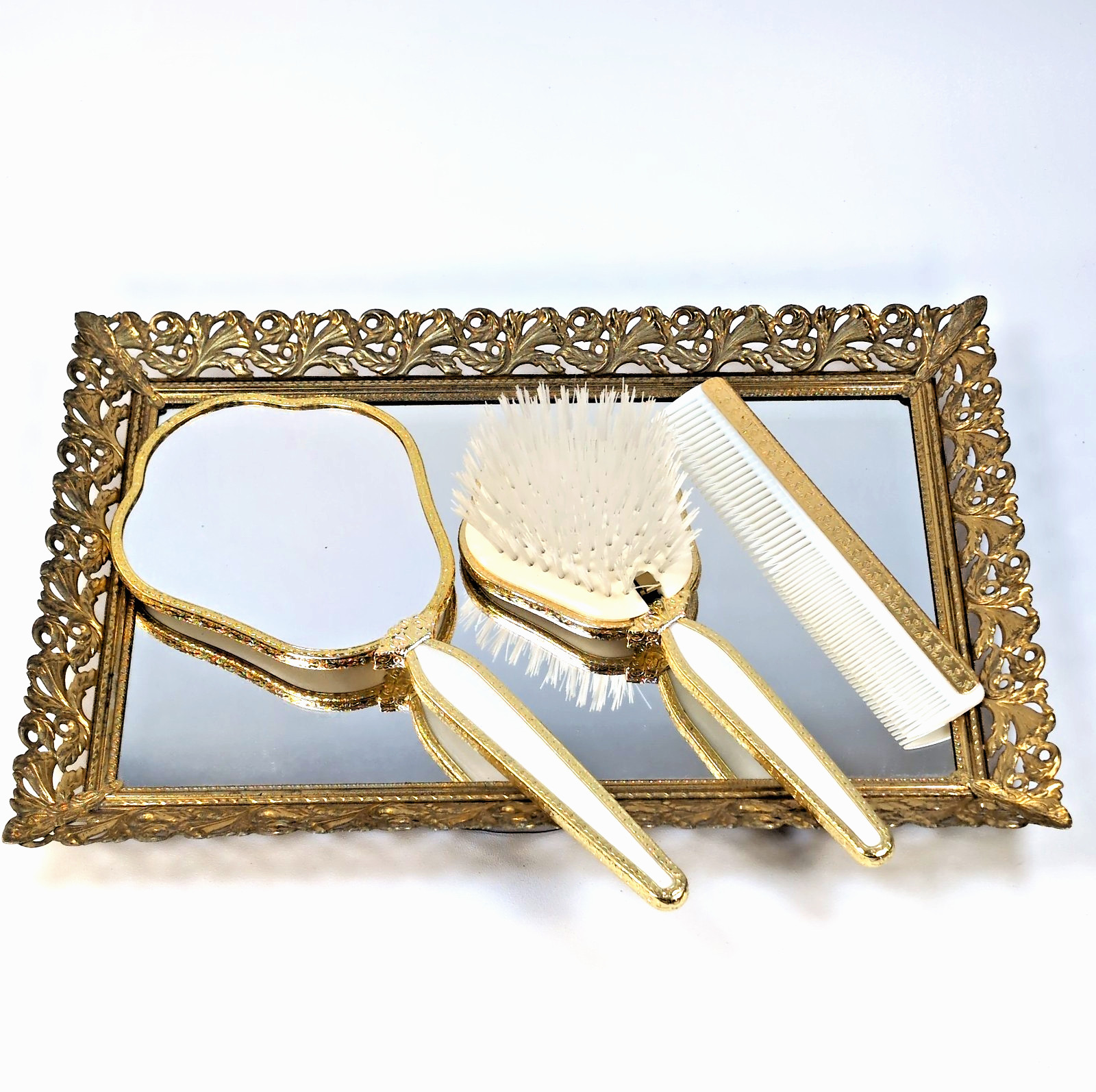 VTG Vanity Set Mirror Brush Tray 1950s Mid Century Regency Boudoir Gold Ornate