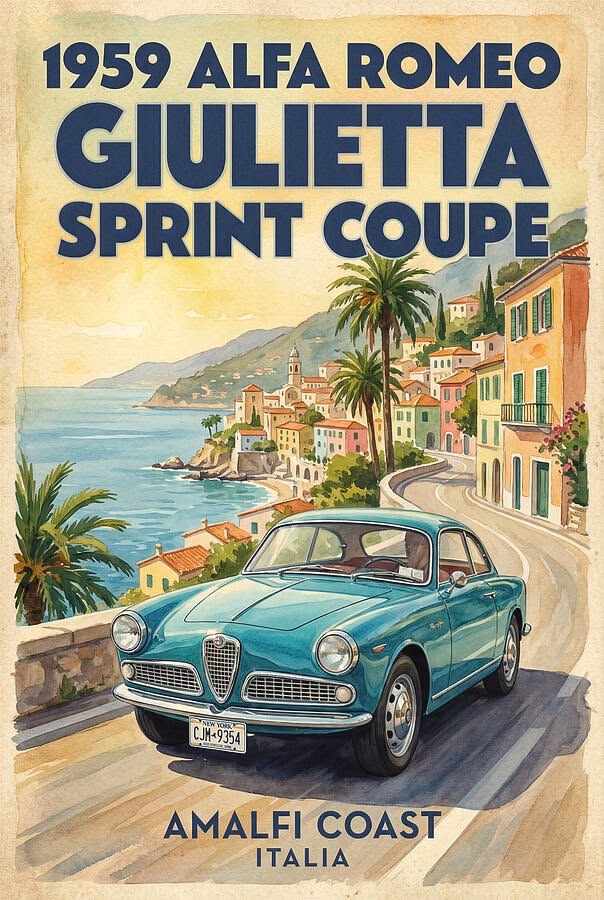 1959 Alfa Romeo Giulieta Sprint Coupe Classic Car Repro Print Poster aprox 13x19