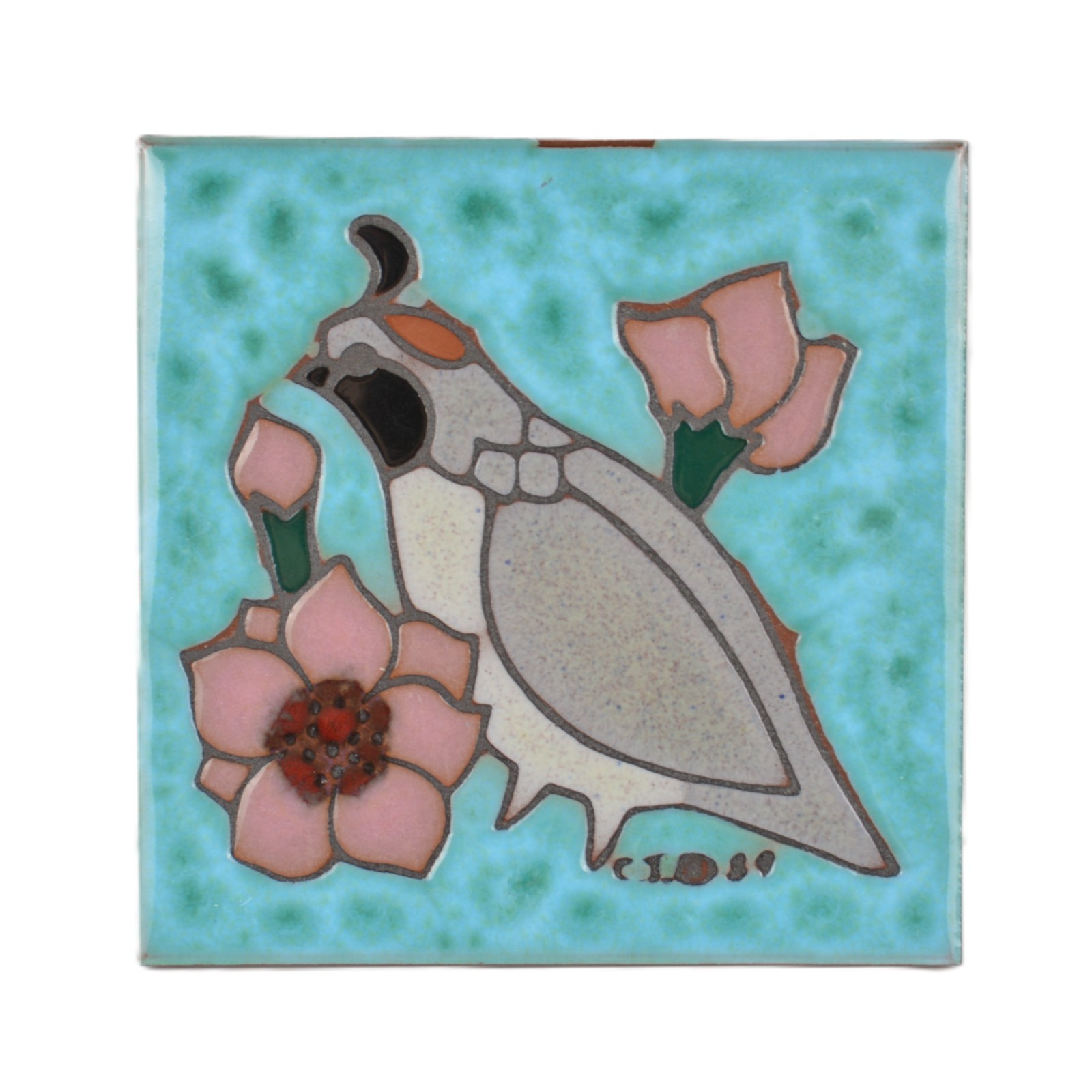 Vintage Cleo Teissedre Birf Flowers Southwestern Turquoise Tile Trivet