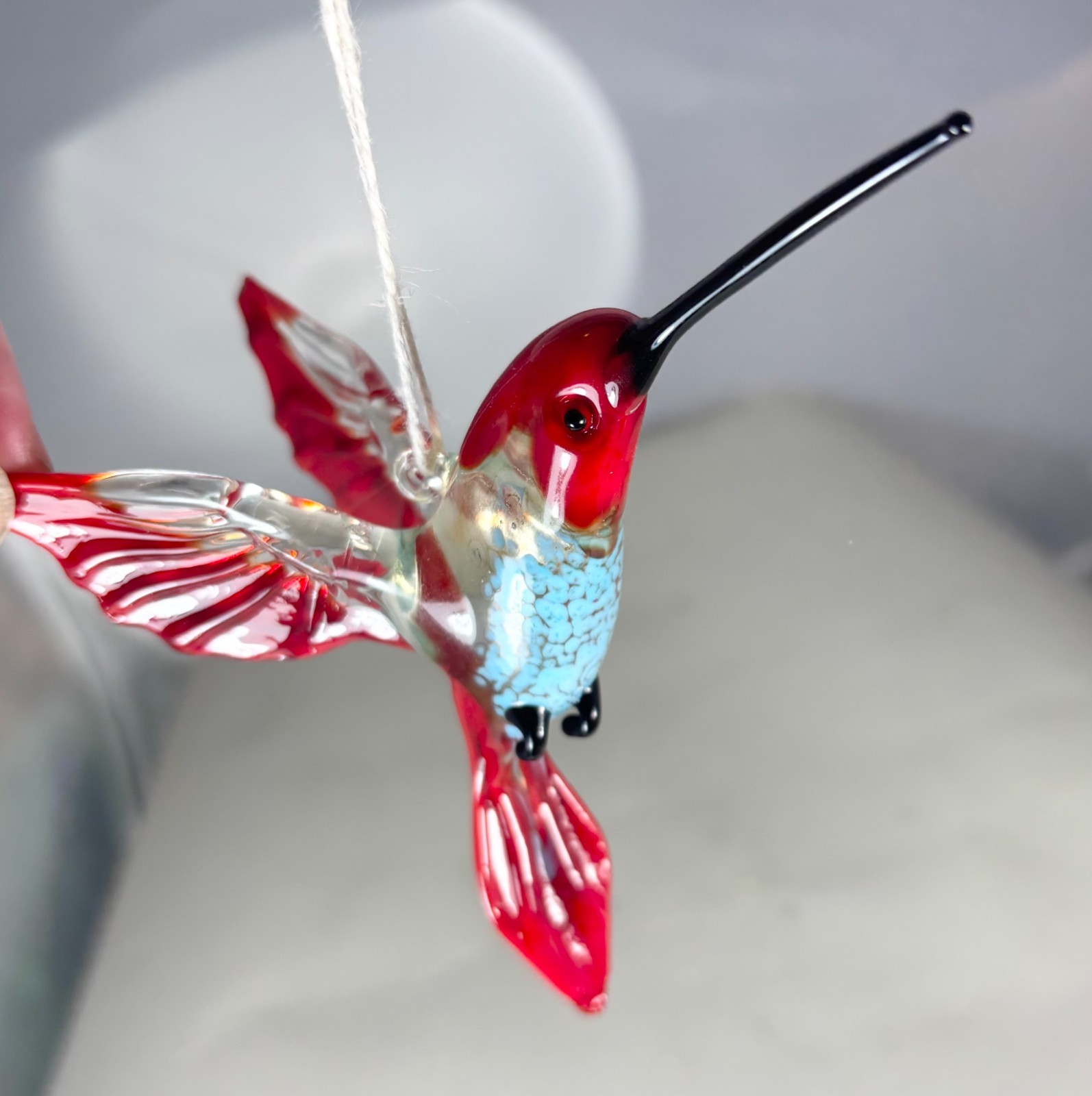 Hand blown glass bird animal Hummingbird figurine hanging ornament Red Blue 4.9