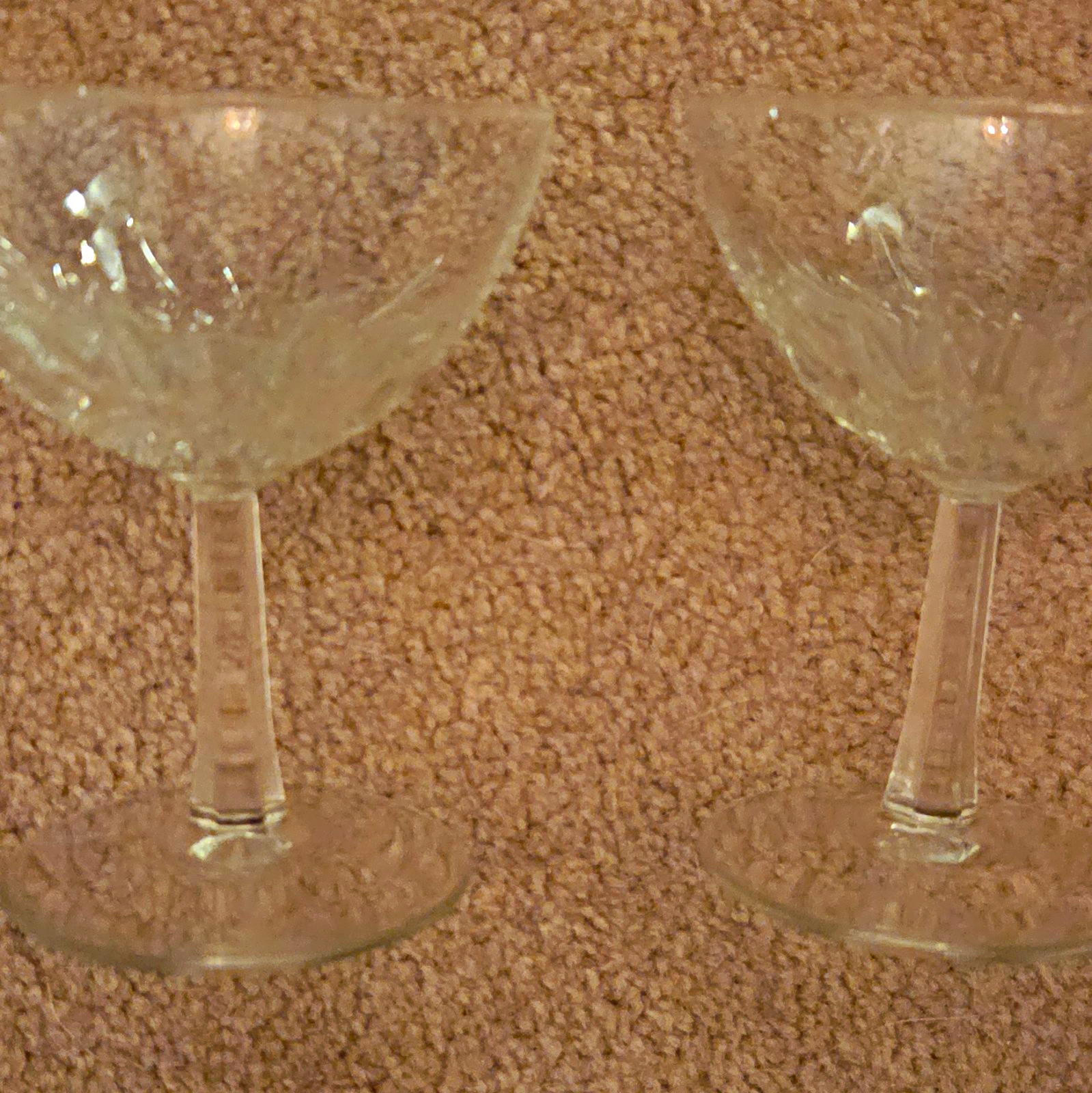 Set of 2 Clear Etched Cut Glass Stemmed Champagne Saucer/Coupe Glasses