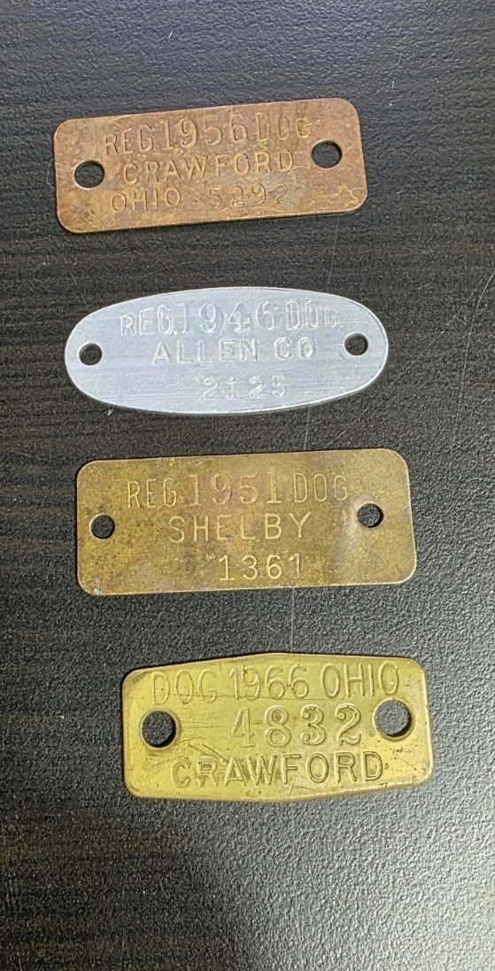 (4) Vintage OHIO  DOG TAX LICENSE Tags 1946/51/56/66  Crawford/Shelby/Allen