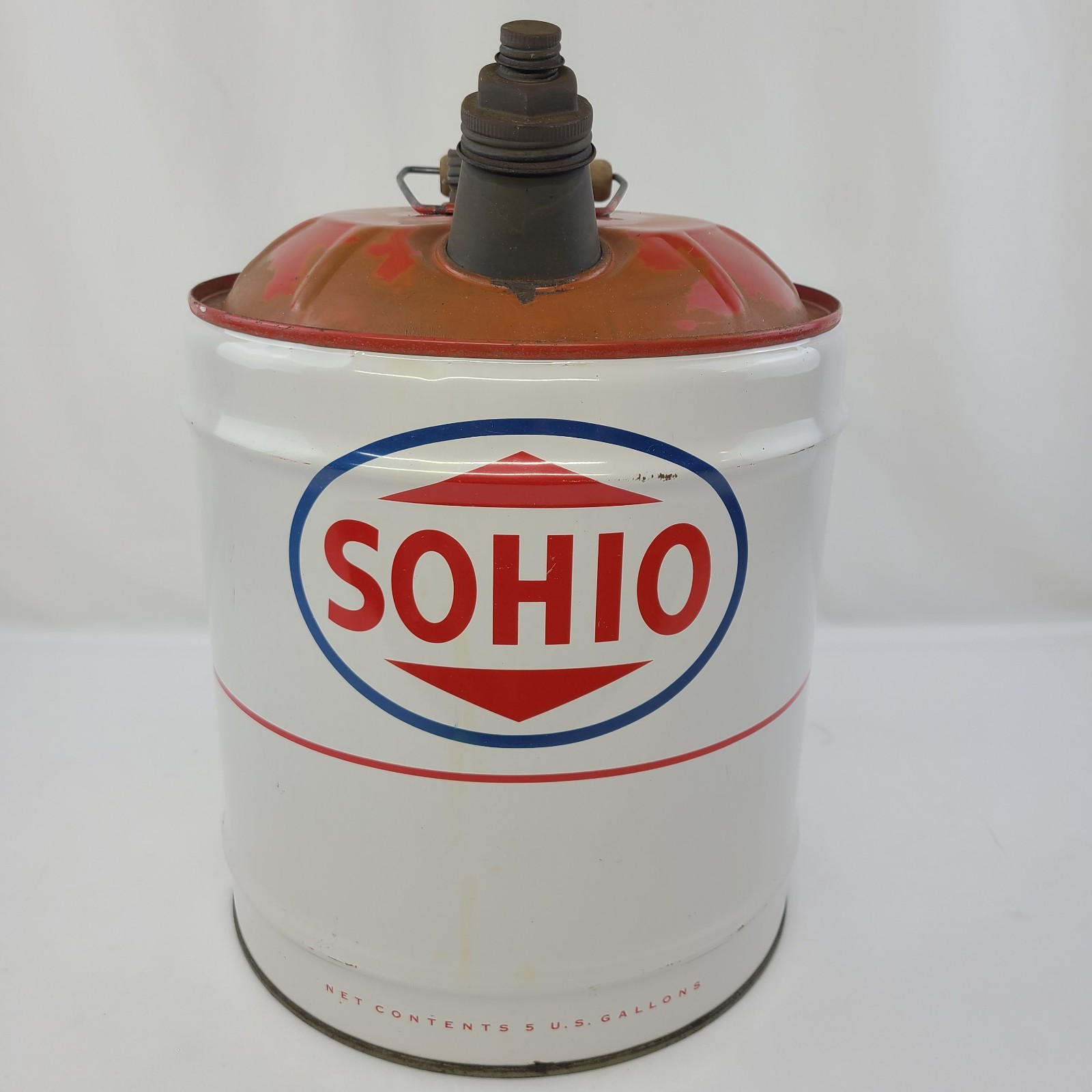 Vintage SOHIO 5 Gallon Motor Oil Can With Wooden Handle- AMAZING CONDITION