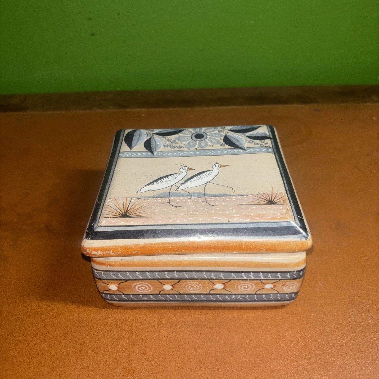 Vintage Mexican Tonala Jimon Pottery Trinket Box w Lid Handpainted Bird Folk Art