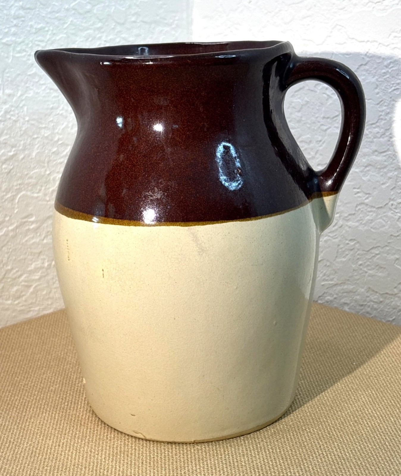 Vintage Stoneware Two-Tone Pitcher Brown & Beige Rustic Farmhouse Style