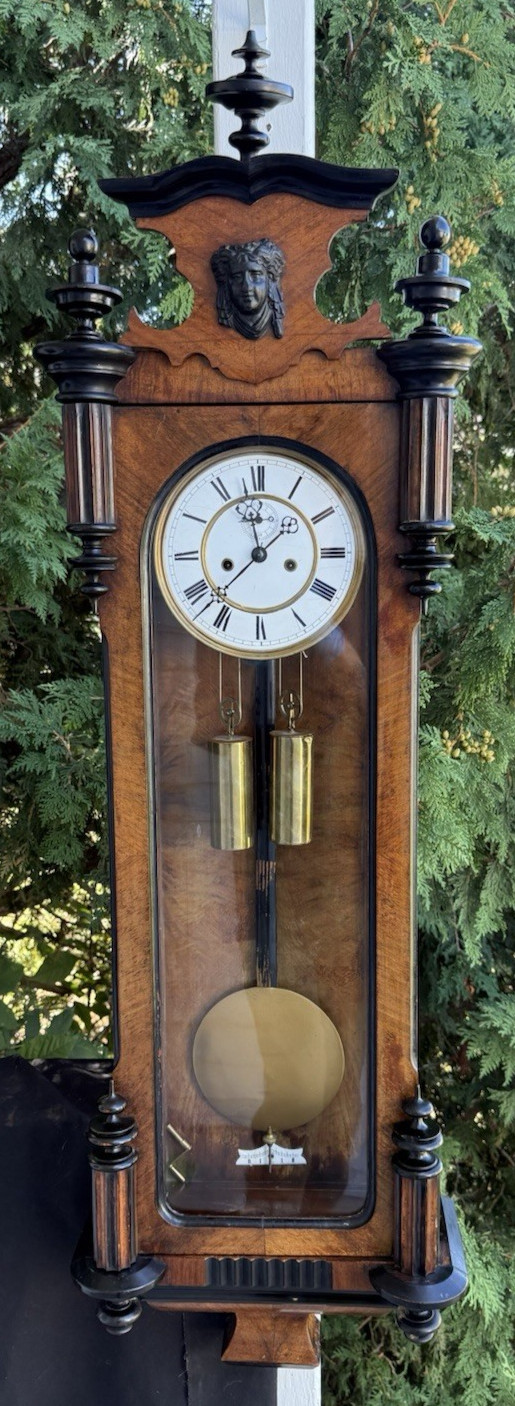 Circa 1890 German 2 Weight Driven Vienna Wall Clock - SEE VIDEO - EBONIZED TRIM