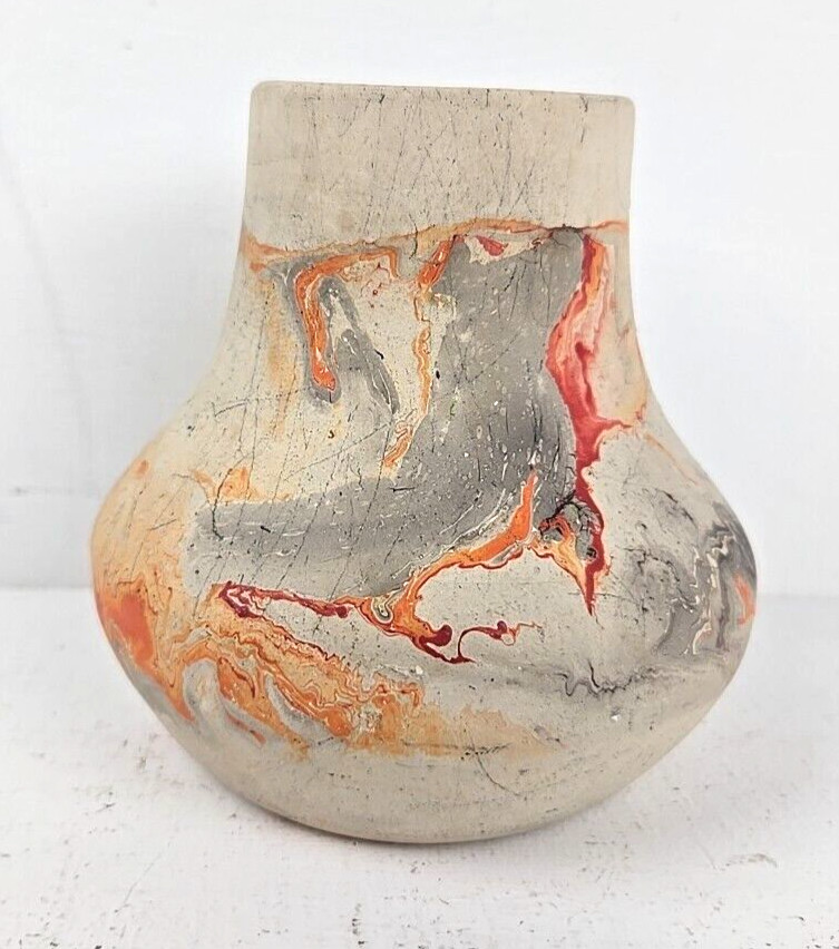 Nemadji Vase Indian Clay Pottery Swirl Gray Orange 4.5