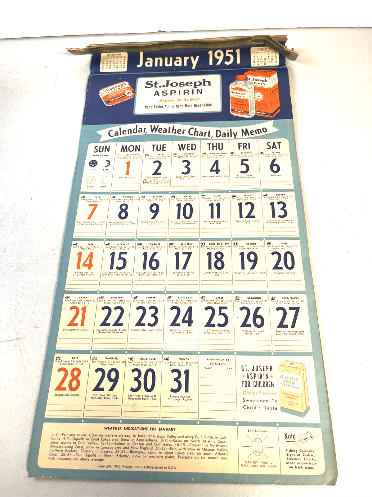 1951 St Joseph Aspirin Pharmacy Advertising Calendar Full Year 1951 St Joseph Aspirin Pharmacy Advertising Calendar Full Year