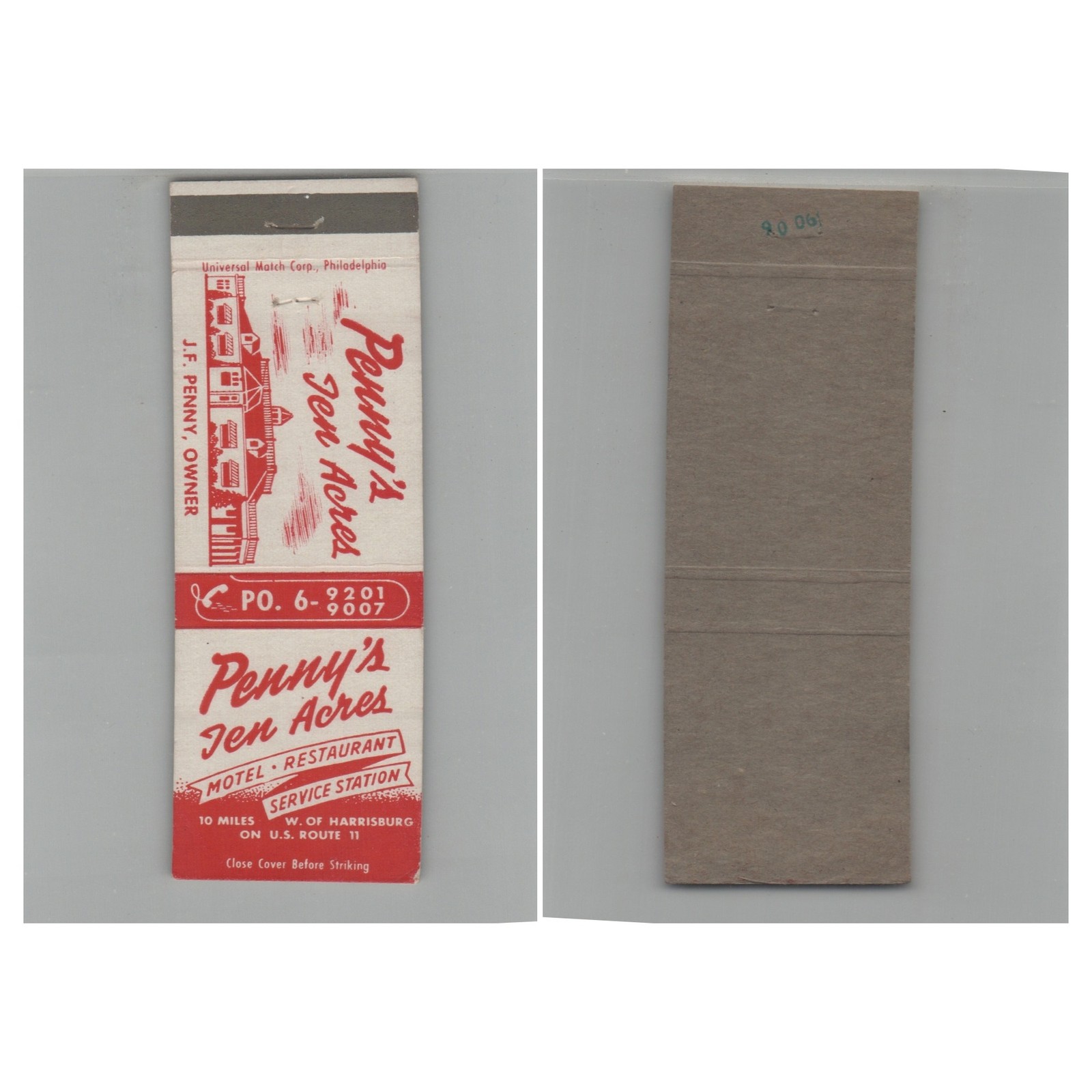 Matchbook Cover Penny\'s Ten Acres Motel Restaurant Harrisburg PA