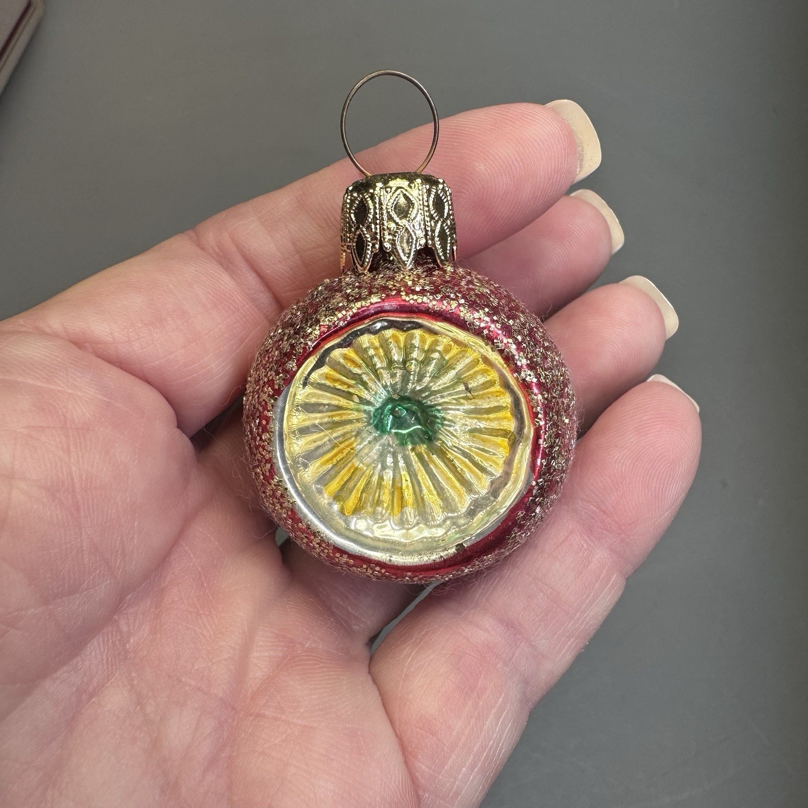 Vtg West Germany Christmas Ornament 2” Red Glass Indent Reflector Mica Glitter