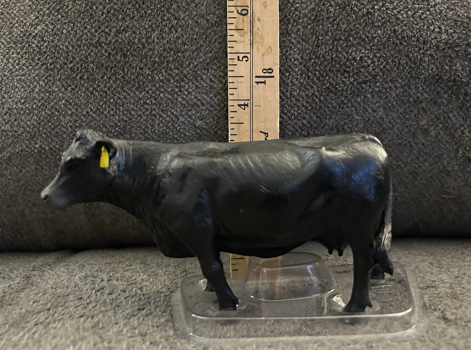 Black Cow Figurine - Plastic Farm Animal Model on Clear Display Stand
