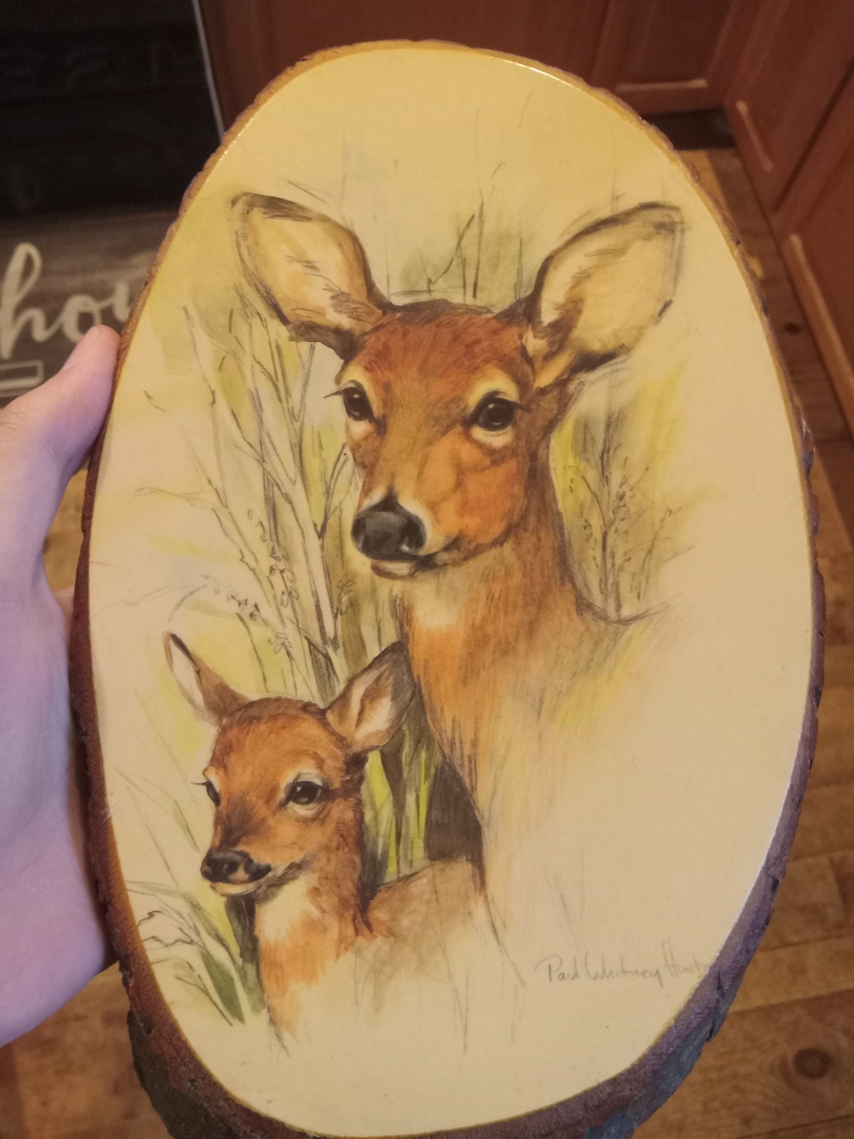 Vintage Deer And Fawn Picture On Piece Of Wood