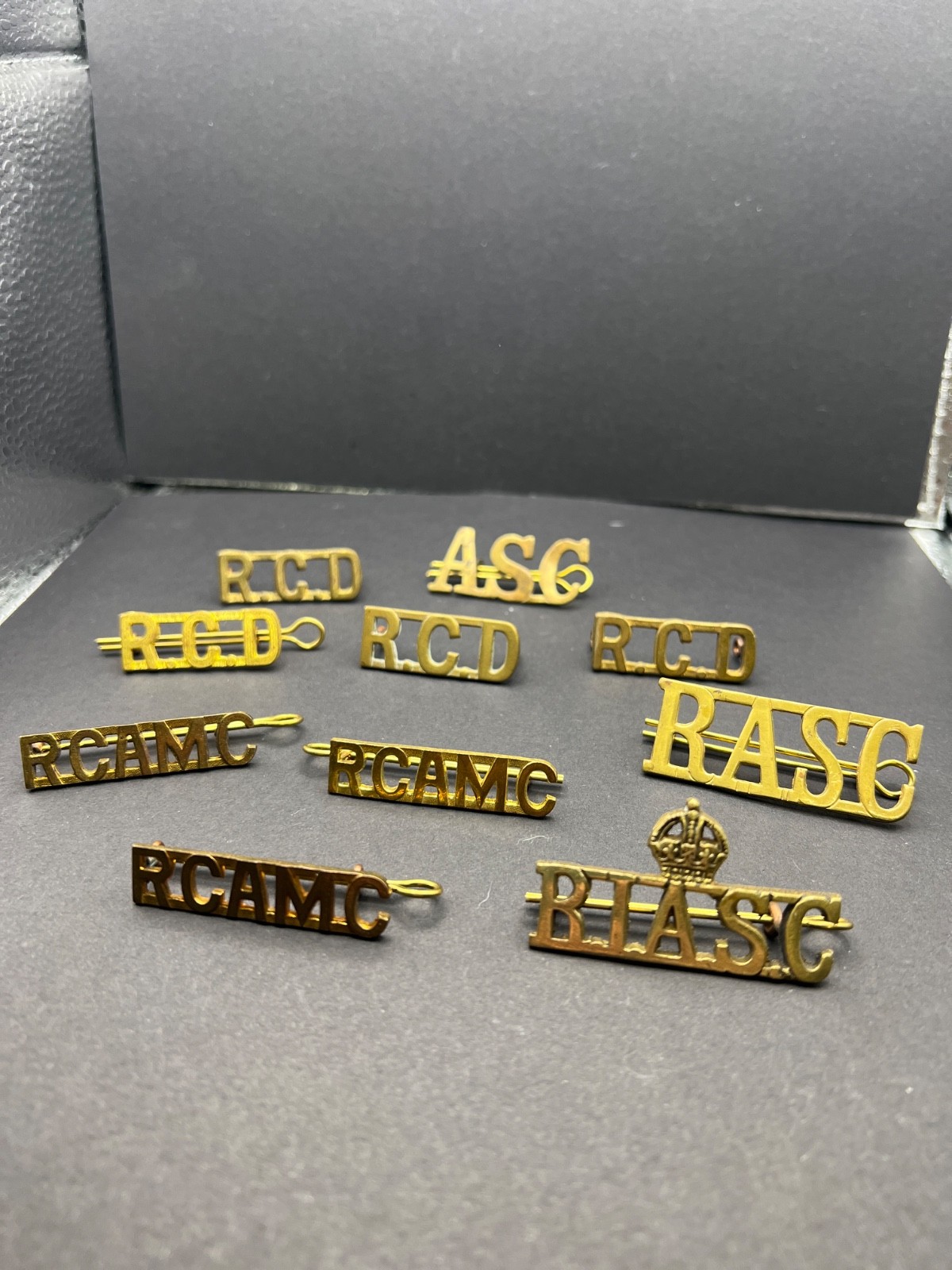 Vintage Canadian Military Shoulder Titles RCD RCAMC RASC BLASC Brass Badge Lot