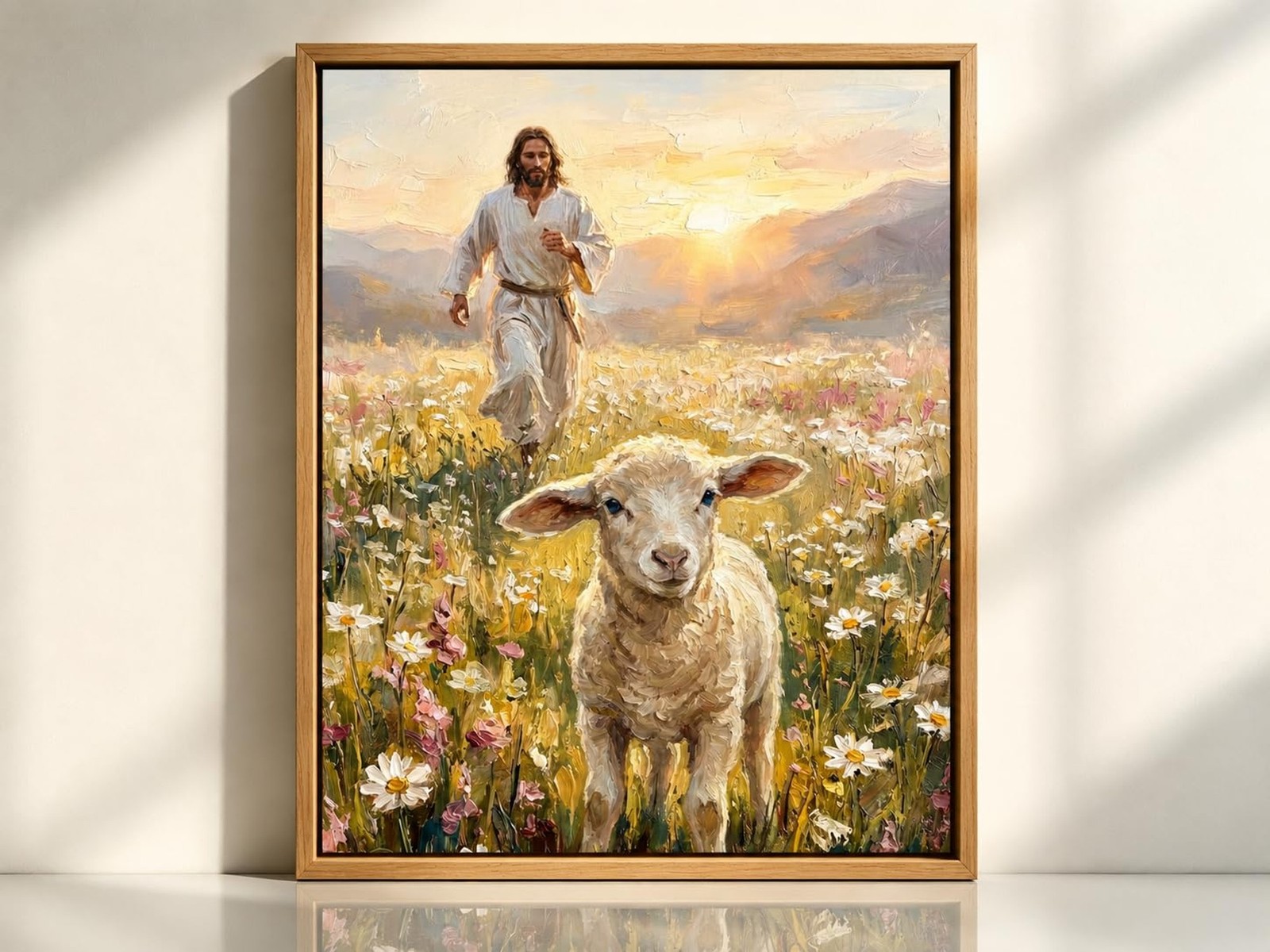 Framed Jesus and Lamb Canvas Wall Art Jesus Running After Lost Lamb Painting ...
