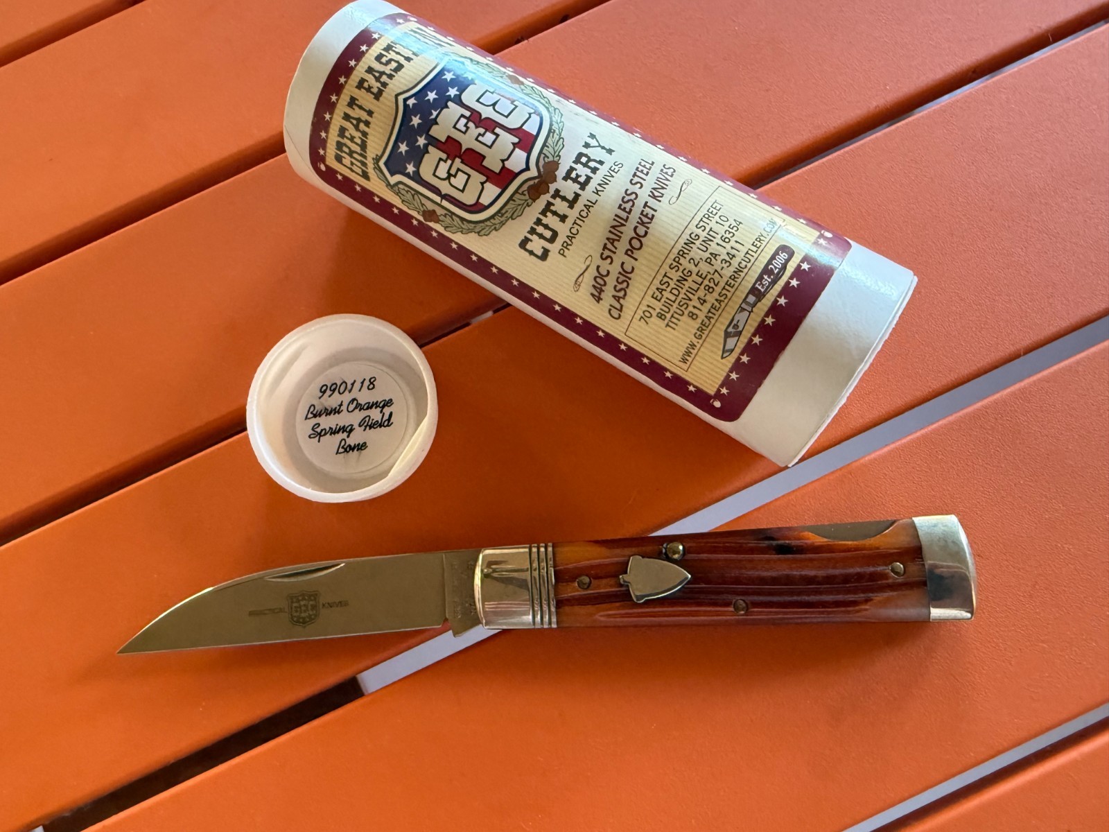 GEC 99 GREAT EASTERN CUTLERY 440c Stainless Burnt Orange Spring Field Bone